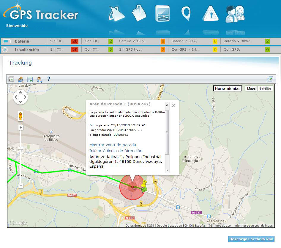 Aplicación de localización GPS Tracker - Zonas de Parada
